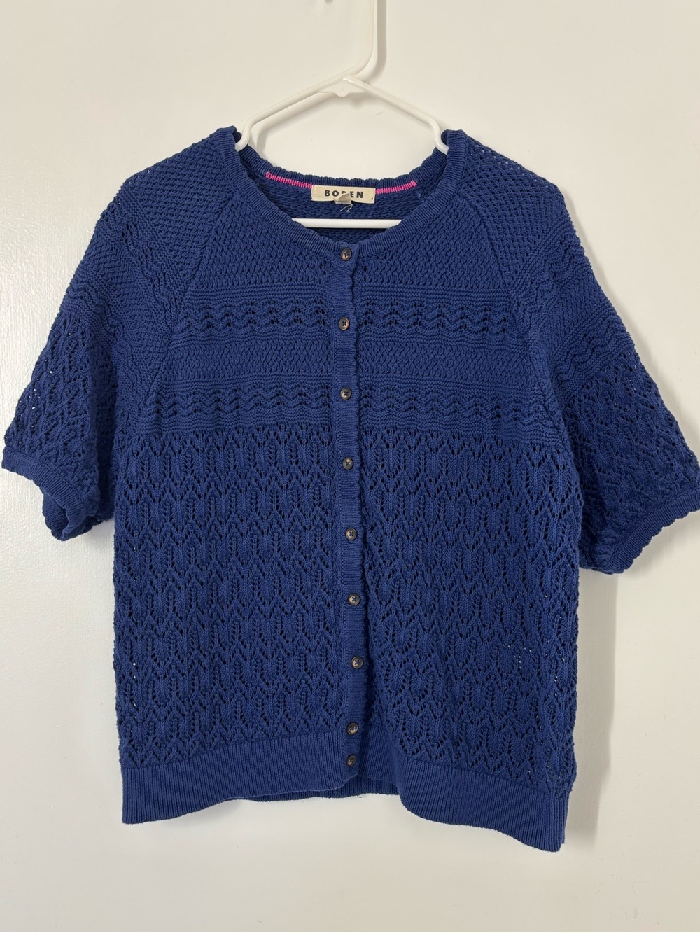 Boden Navy Blue Short Sleeve Knit Cardigan Top Button Up Women Large